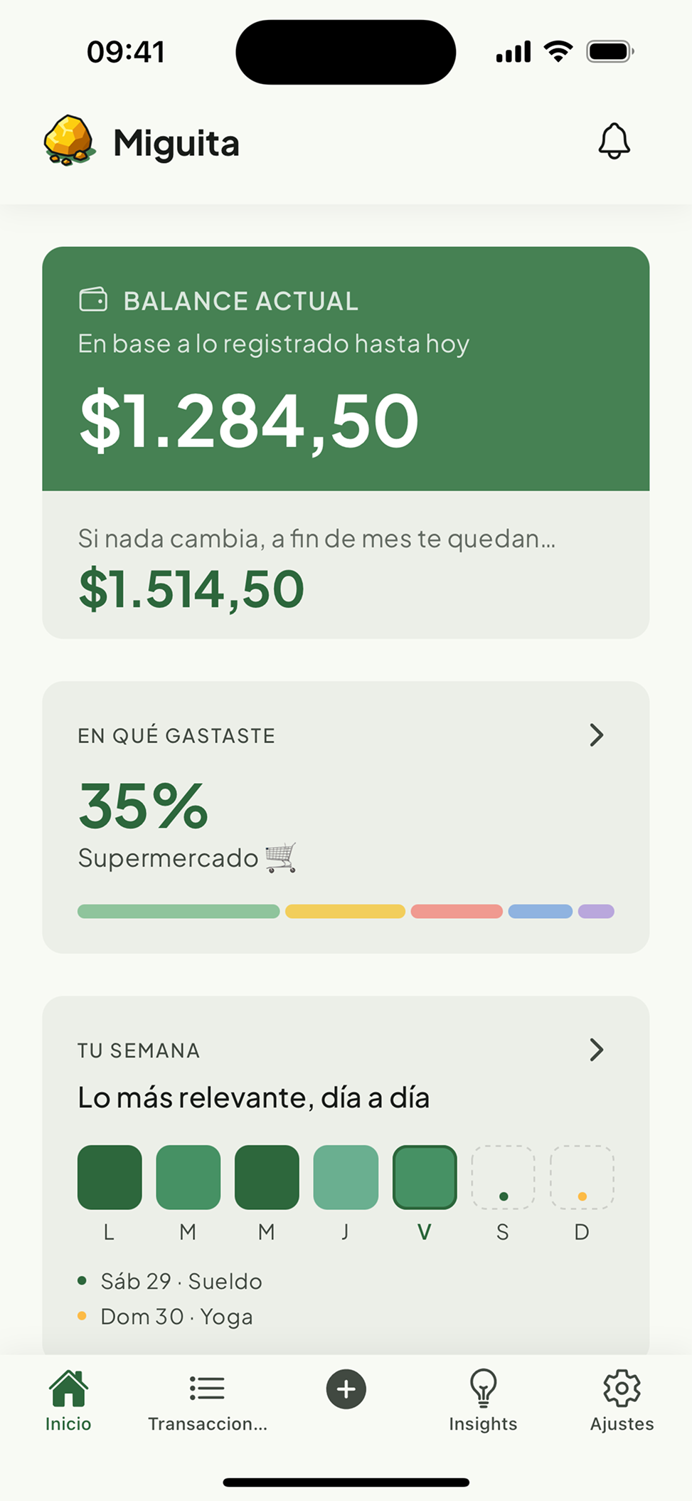 Pantalla de inicio de Miguita: balance del mes, en que gastaste y tu semana
